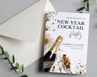 White & Black Minimalist Happy New Year Cocktail Party Invitation | Editable NYE Invite | Printable Modern Party Card | Canva PDF