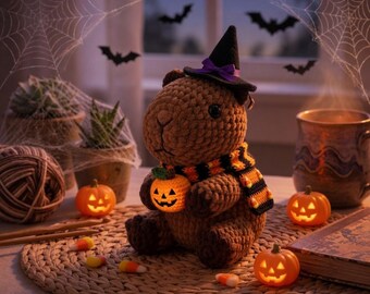 Patrón de ganchillo de capibara para Halloween en PDF, patrón de amigurumi de capibara sin costuras, tutorial fácil para tejer un peluche a ganchillo, regalo adorable hecho a mano, descarga instantánea.