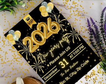 Editable New Years Eve Party Invitation. 2026 New Years Party Invite Gold Glitter 2026