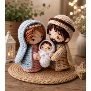 May include: A set of three crocheted dolls depicting a family. One doll wears a light blue head covering and pink dress, another wears a tan tunic and brown headpiece, and a small doll is wrapped in white yarn, all featuring embroidered faces.