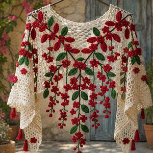 May include: Cream-colored crochet shawl with red floral and green leaf accents. The shawl features a delicate openwork design, with red tassels at the ends. The floral pattern cascades down the front.
