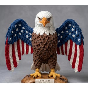 Peut inclure: Une sculpture d'aigle au crochet avec des ailes ornées du drapeau américain. L'aigle a une tête blanche, un corps marron et des ailes avec des rayures et des étoiles bleues, blanches et rouges. La sculpture est montée sur une base en bois, avec le texte "CHUNKY FOAM CROCHET ART".