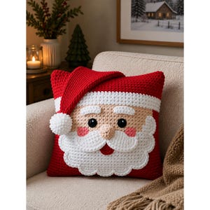 Haakpatroon voor een kussen met kerstmangezicht (PDF) | Haakpatroon voor een kerstkussenhoes | Feestelijk sierkussen | Amigurumi kussen met kerstman