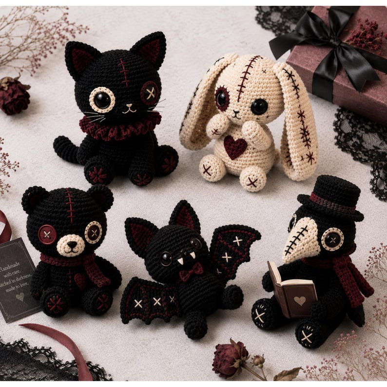 Peut inclure: Cinq peluches en crochet faites &agrave; la main comprenant un chat noir avec une collerette, un lapin cr&egrave;me avec un c&oelig;ur, un ours noir aux yeux boutons, une chauve-souris noire aux crocs blancs et un m&eacute;decin de peste tenant un petit livre.