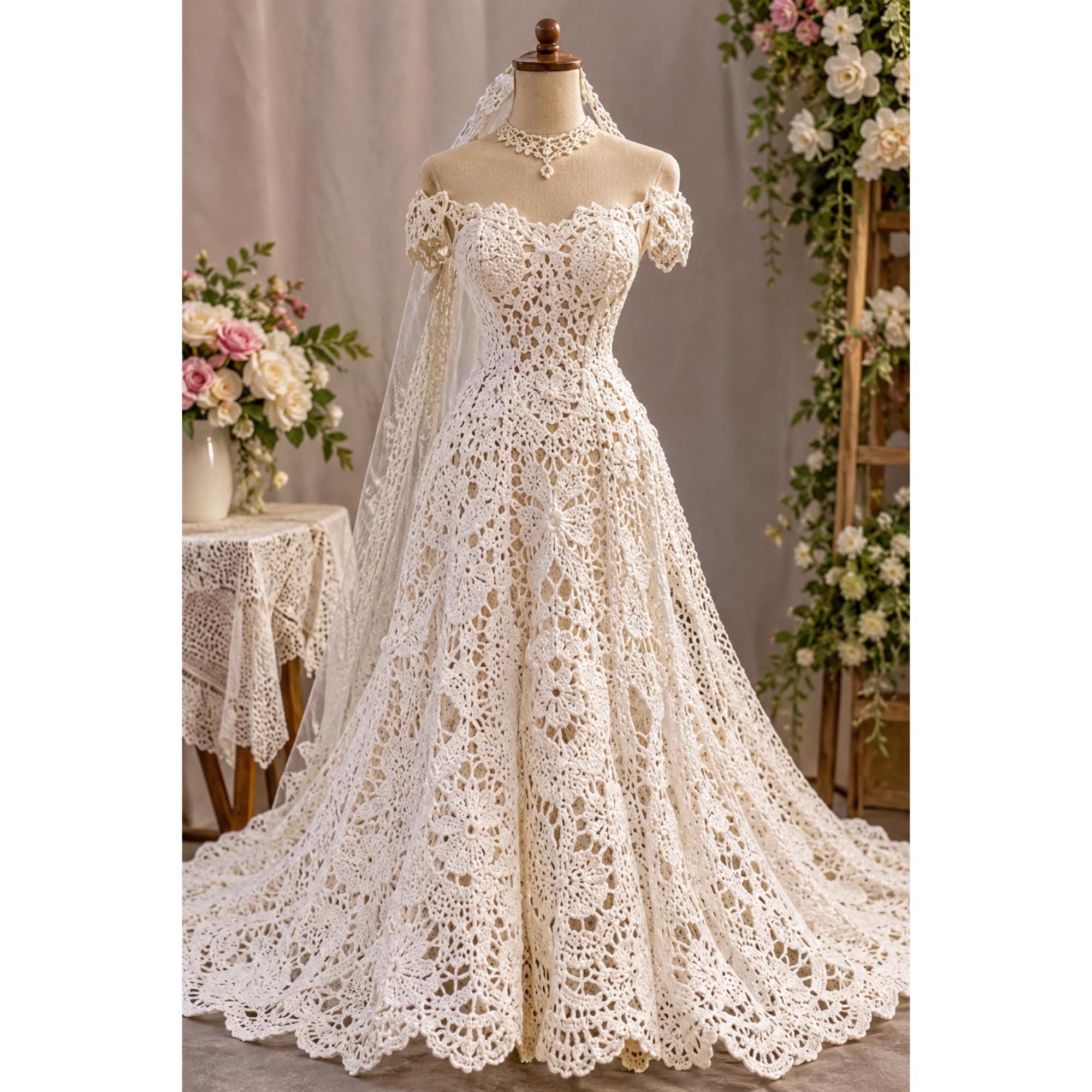 vintage cream lace wedding dress Charlotte | A-Line Bridal * For the bust mostlovednew Color:Garden Flora Spring Green 67cm ratguide