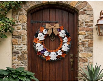 Halloween Crochet Wreath Pattern PDF, Spooky Ghost Pumpkin Bat Door Hanger, Jack O Lantern Decor, Amigurumi Halloween Wreath