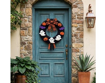 Halloween Crochet Wreath Pattern PDF, Amigurumi Pumpkin Ghost Bat Door Hanger, Jack O Lantern Welcome Sign, Spooky Crochet Decor
