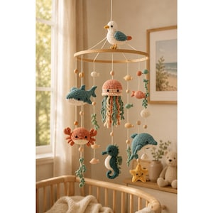 Haakpatroon Ocean baby mobiel pdf | Zeedier amigurumi kinderkamer mobiel | Walvis Dolfijn Kwallen Krab Zeepaardje Speelgoed