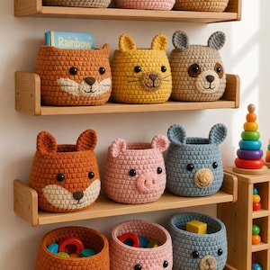 May include: A collection of handmade crochet animal baskets in various colors, including brown, pink, orange, yellow, and blue. The baskets are shaped like a bear, bunny, fox, and pig. They are displayed on wooden shelves, some filled with toys.