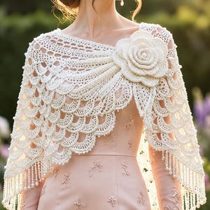 May include: Ivory crochet shawl with a large floral accent. The shawl features a scalloped edge and beaded fringe. The garment is worn over a pale pink dress, creating an elegant and delicate look. The crochet work is intricate and detailed.