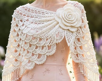 Élégant modèle de cape au crochet PDF | Tutoriel châle poncho en dentelle | Écharpe boléro nuptiale | Cape à col mao | Haut au crochet pour femme TP-4TG