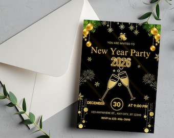 2026 New Year Party Invitation, Black and Gold Modern NYE Invite, New Year’s Eve Dinner Party, Editable Canva Template