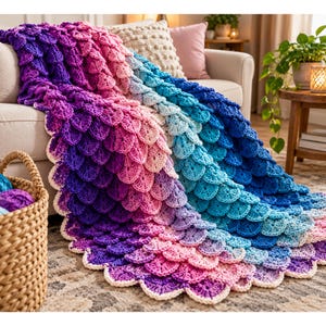 May include: A crochet blanket featuring a textured scale pattern in a vibrant gradient of colors, transitioning from deep purple and magenta to soft pink, light blue, and dark navy blue, finished with a white scalloped edge trim.