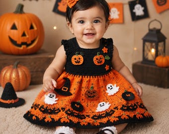 Crochet Baby Halloween Pumpkin Dress Pattern PDF, Baby Girl Pumpkin Costume, Skull Yoke Dress, Headband & Booties, Halloween Crochet Outfit
