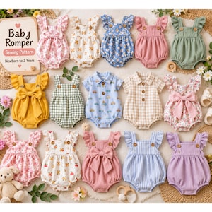 May include: A collection of fifteen baby rompers in various colors and patterns, including floral, gingham, striped, and solid designs. Some feature ruffles, bows, or buttons. A sign labeled Baby Romper Sewing Pattern Newborn to 3 Years is included.