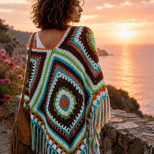 Crochet Boho Poncho Pattern PDF | Granny Square Fringe Poncho | Festival Crochet Wrap | Bohemian Shawl Pattern | Instant Download