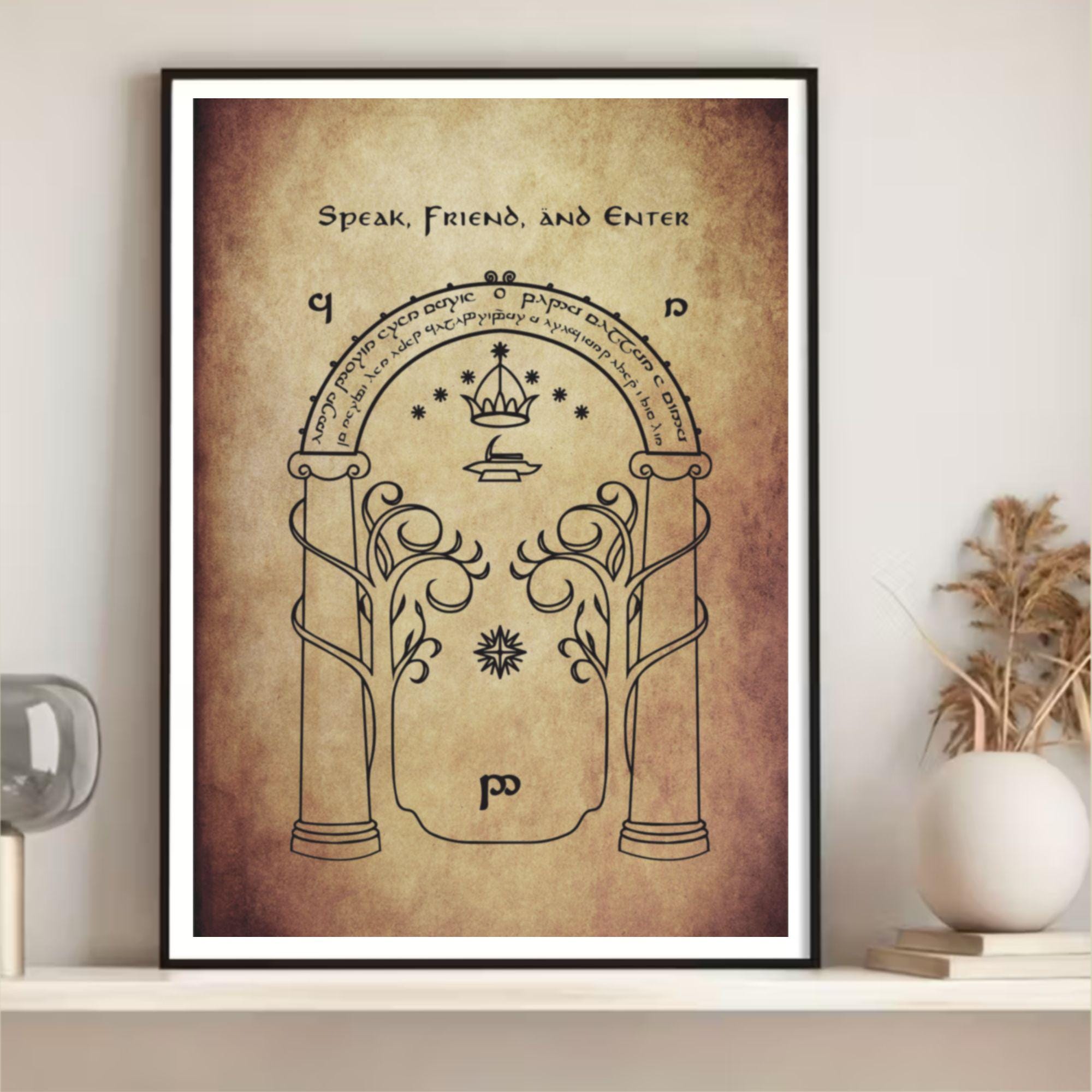 Letrero divertido de hojalata de estilo vintage, con texto en inglés Speak Friend and Enter, regalo para los fanáticos de LOTR, letrero de metal, 8 x 12 pulgadas