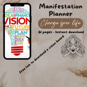 Peut inclure: Un planificateur de manifestation numérique affiché sur un écran de smartphone. L'écran présente un nuage de mots avec des termes tels que "vision", "avenir" et "plan". L'image comprend également le texte "Manifestation Planner" et "Change your life".