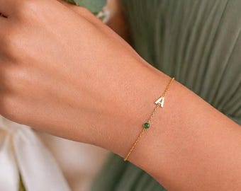 Birthstone Initial Bracelet Personalized Bridesmaid Jewelry Dainty Minimalist Wedding  Set Bridesmaid Gifts