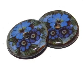 Ceramic Floral Disk Pair Beads Handmade Rustic 18mm/0.7" CC1-1
