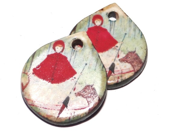 Ceramic Red Riding Hood Earring Charms Pair Beads Handmade Rustic 20mm/0.8" CC1-2