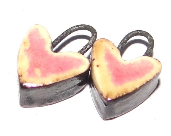 Ceramic Heart Earring Charms Pair Beads Handmade Rustic 15mm CC2-2