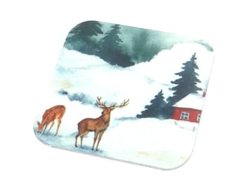 Faux Tin Winter Deer Scene Charm Pendant Handmade 25mm 1" Square MSQ4-1