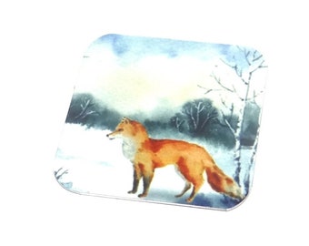 Faux Tin Fox Winter Snow Scene Charm Pendant Handmade 25mm 1" Square MSQ4-1