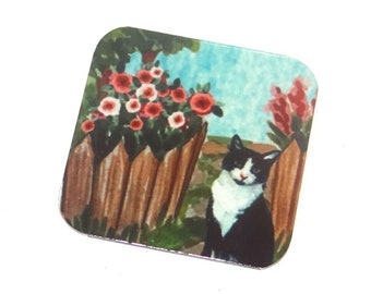 Faux Tin Cat Garden Charm Pendant Handmade 25mm 1" Square MM4-1