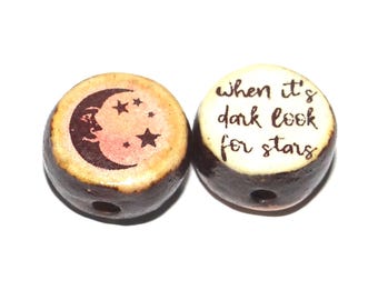 1 Ceramic Moon Stars Double Sided Quote Bead Porcelain Handmade 13mm BB3-4