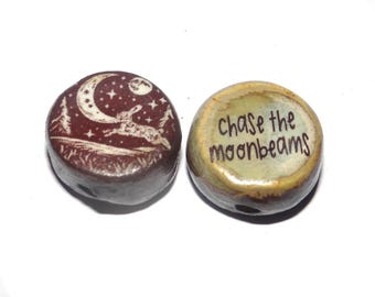 1 Ceramic Hare Moon Double Sided Quote Bead Porcelain Handmade 13mm BB4-2