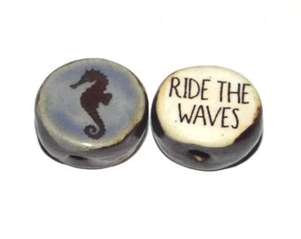 1 Ceramic Seahorse Double Sided Quote Bead Porcelain Handmade 15mm BB4-4