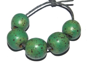 Ceramic Bead Set Teal Green Speckled Handmade 12mm