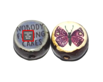1 Ceramic Double Sided Quote Bead Porcelain Handmade Adult 19mm BB4-2