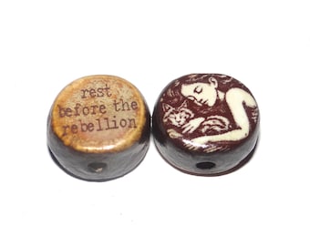 1 Ceramic Rebellion Double Sided Quote Bead Porcelain Handmade 13mm BB5-1