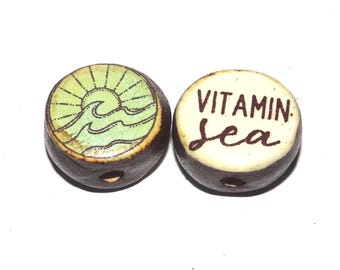 1 Ceramic Sea Double Sided Quote Bead Porcelain Handmade 13mm BB4-4