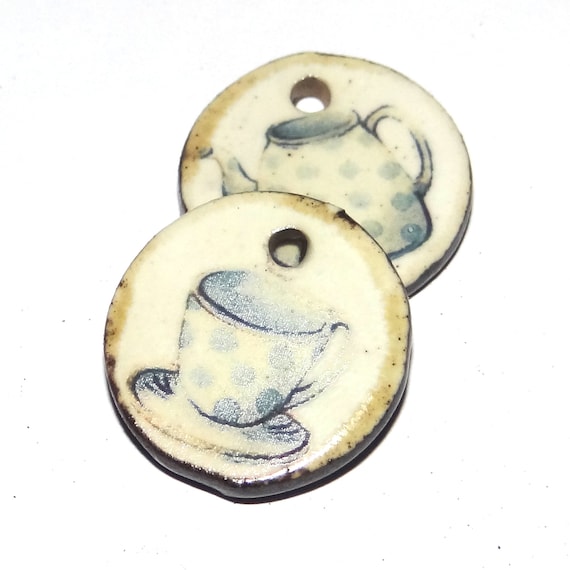 Ceramic Cup Tea Pot Charms Earring Pair Beads Handmade Rustic 18mm/0.7" CC2-3