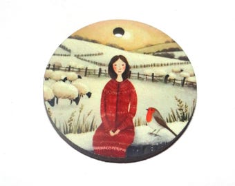 Wooden Two Sided Winter Robin Pendant Handmade 30mm MM7-1