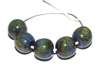 Ceramic Patterned Floral Round Beads Handmade 12mm