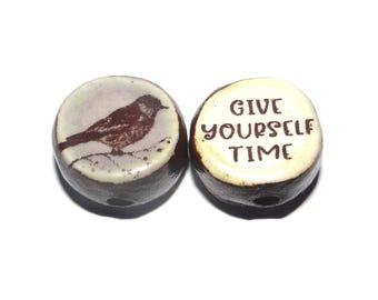 1 Ceramic Bird Double Sided Quote Bead Porcelain Handmade 13mm BB7-4
