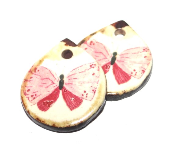Ceramic Butterfly Earring Charms Pair Beads Handmade Rustic 20mm/0.8" CC2-1