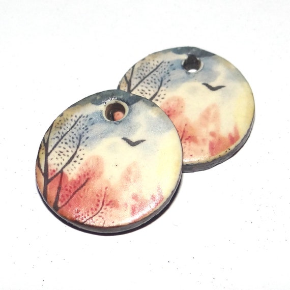 Ceramic Bird Earring Charms Pair Beads Handmade Rustic 18mm/0.7" P1-1