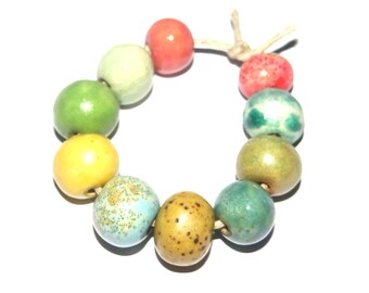 Ceramic Bead Set Textured Glazed Pottery Clay Handmade 8-15mm