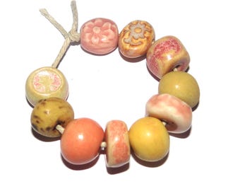 Ceramic Bead Set Textured Glazed Pottery Clay Handmade 8-15mm