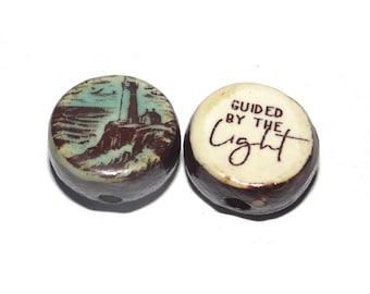 1 Ceramic Lighthouse Double Sided Quote Bead Porcelain Handmade 13mm BB9-3