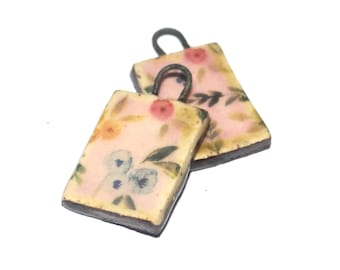 Ceramic Flower Charms Beads Pair Porcelain 23x12mm CC6-1