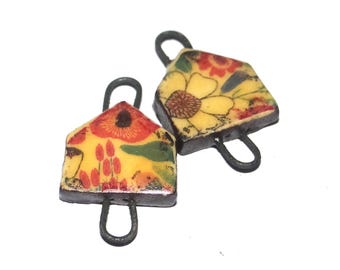 Ceramic Floral Patterned Charms Beads Pair Porcelain 20mm PP2-3