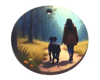 Wooden Two Sided Dog Walker Pendant Porcelain Handmade 30mm MM10-4