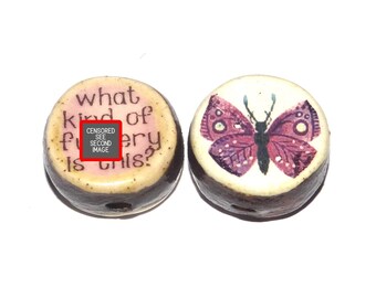 1 Ceramic Double Sided Quote Bead Porcelain Handmade Adult 19mm BB4-2