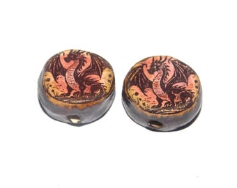 Ceramic Dragon Beads Pair Porcelain 15mm CC10-2